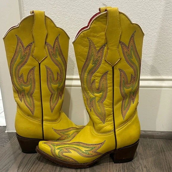 Planet Cowboy Psychedelic Yellow Western Cowboy Boots with Multicolor Stitching - Picture 7 of 11